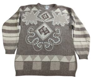 Y2K Santoria Angora Silk Wool Sweater M Abstract Geometric Textured Beige